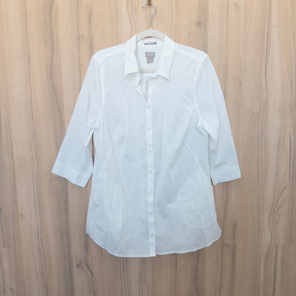 Chico's Button Down Shirt L White Non Iron Stain Shield Classic Office Preppy